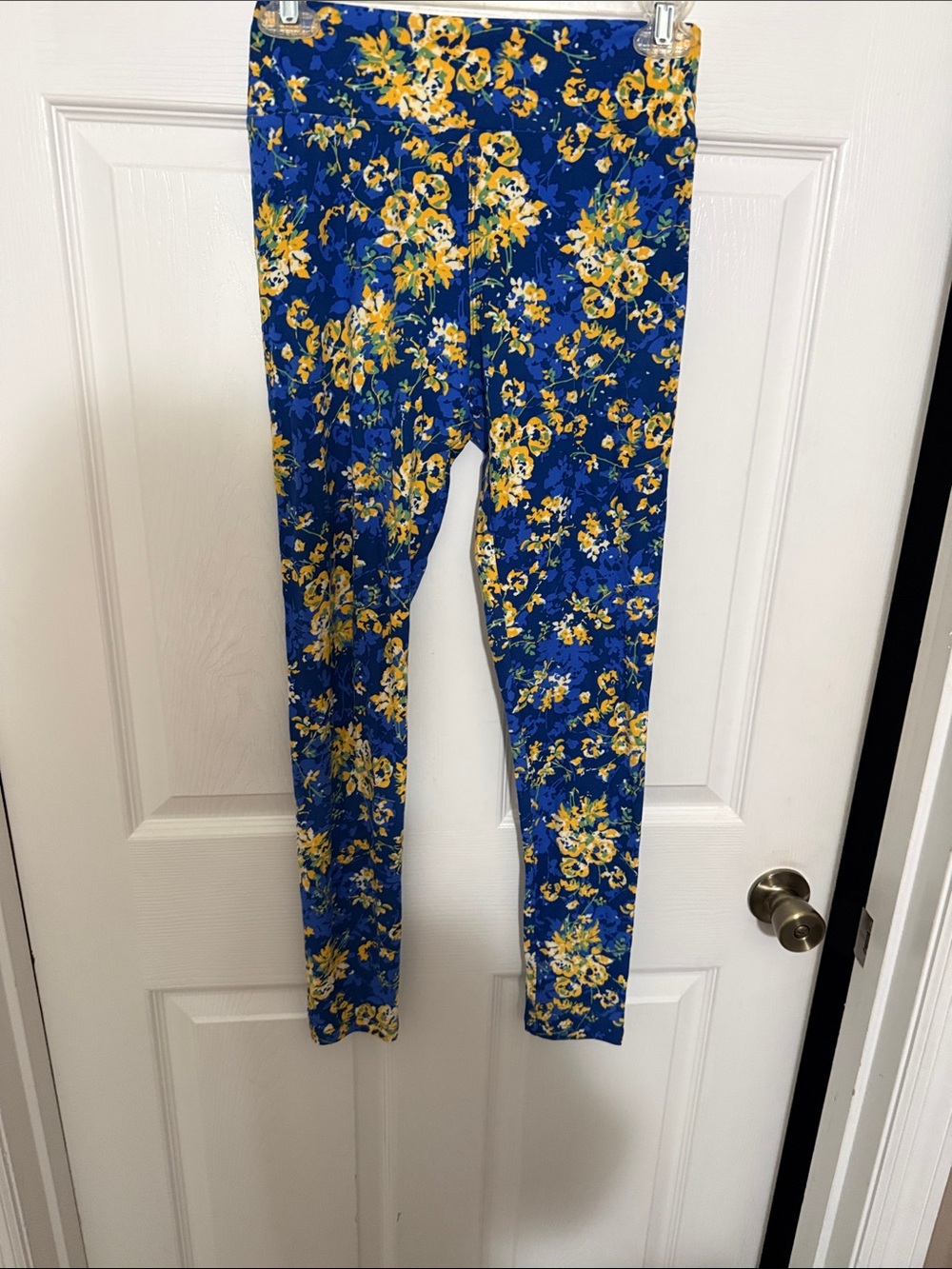 LuLaRoe Royal Blue Leggings with Yellow Floral Print